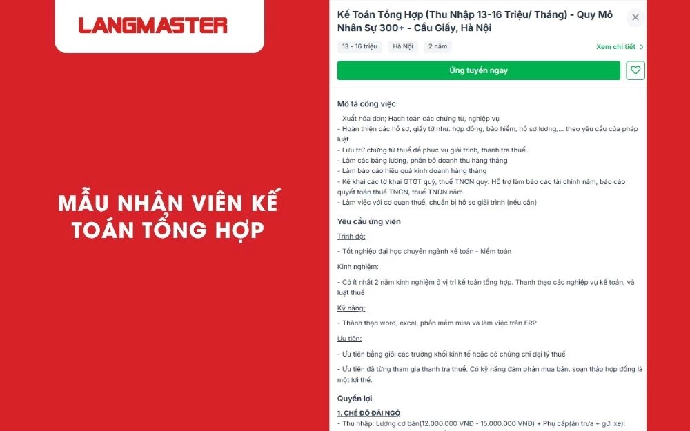 Mẫu thông báo tuyển dụng nhân sự - Nhân viên kế toán tổng hợp