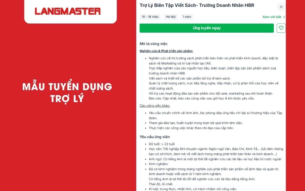 Mẫu thông báo tuyển dụng nhân sự - Trợ lý