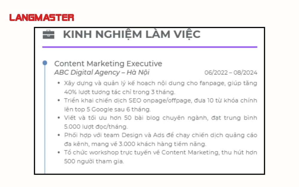 Mẫu kinh nghiệm làm việc trong CV Content Marketing