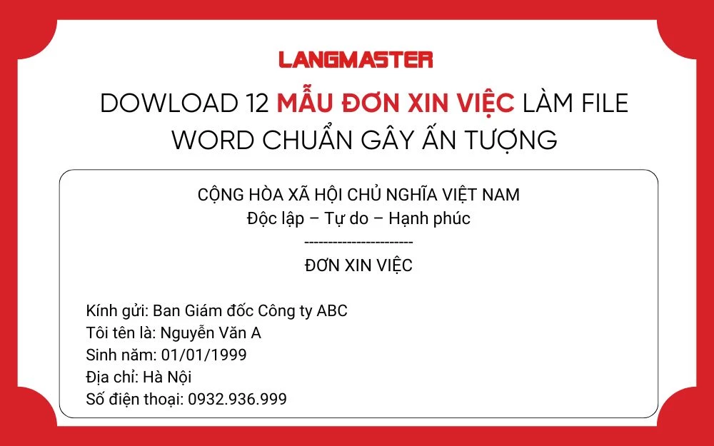 DOWLOAD 12 MẪU ĐƠN XIN VIỆC LÀM FILE WORD CHUẨN GÂY ẤN TƯỢNG