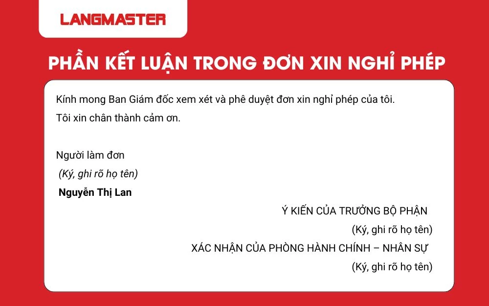 Phần kết luận trong đơn xin nghỉ phép
