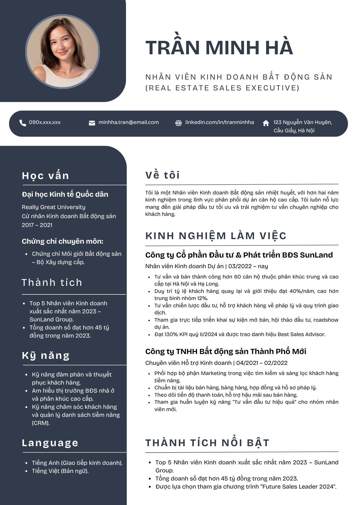 Mẫu CV Nhân viên Kinh doanh Bất động sản