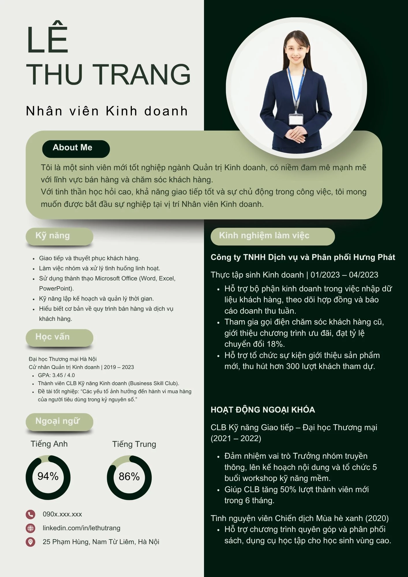 Mẫu CV Nhân viên bán hàng cho người mới ra trường