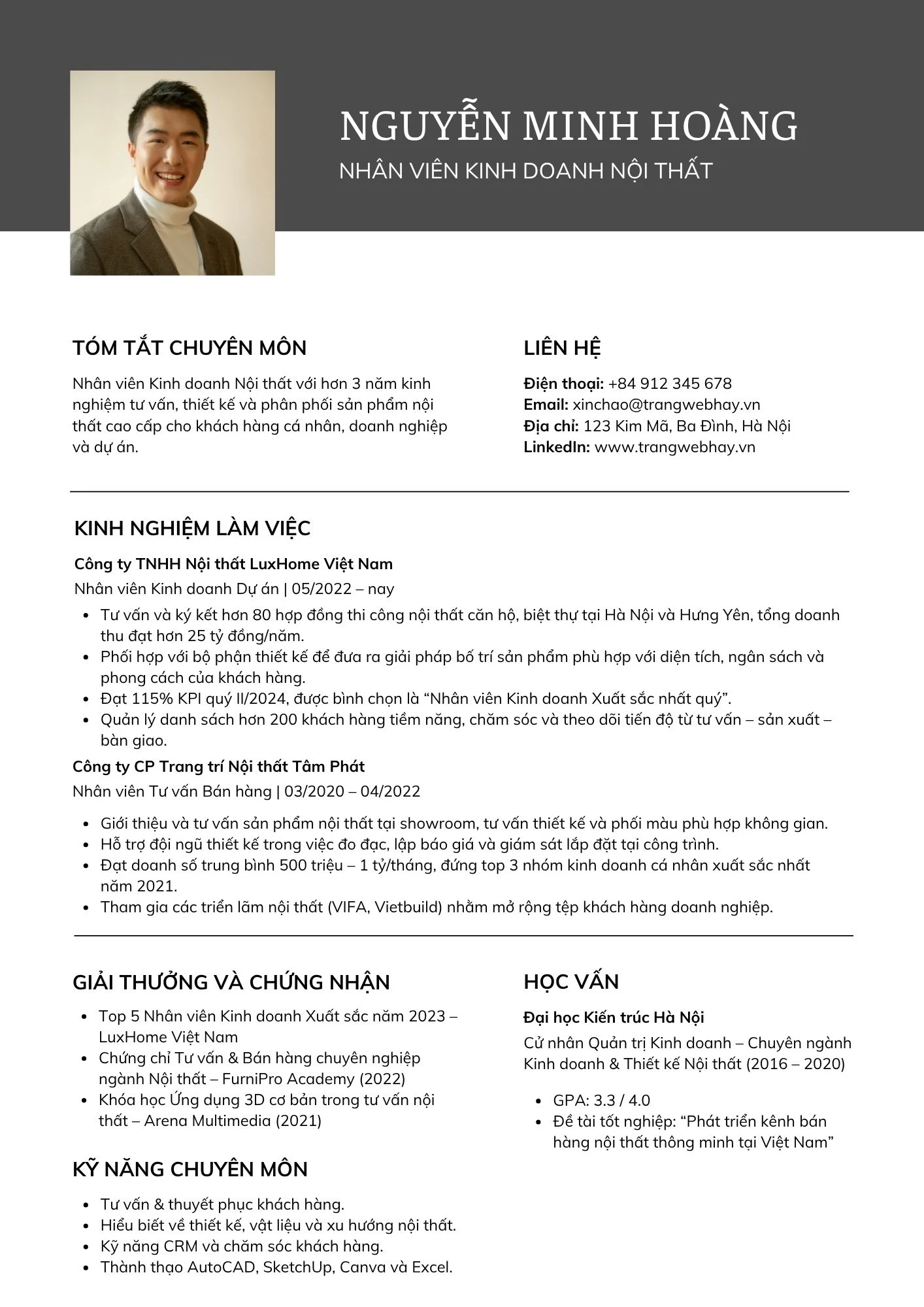 Mẫu CV Nhân viên Kinh doanh Nội thất