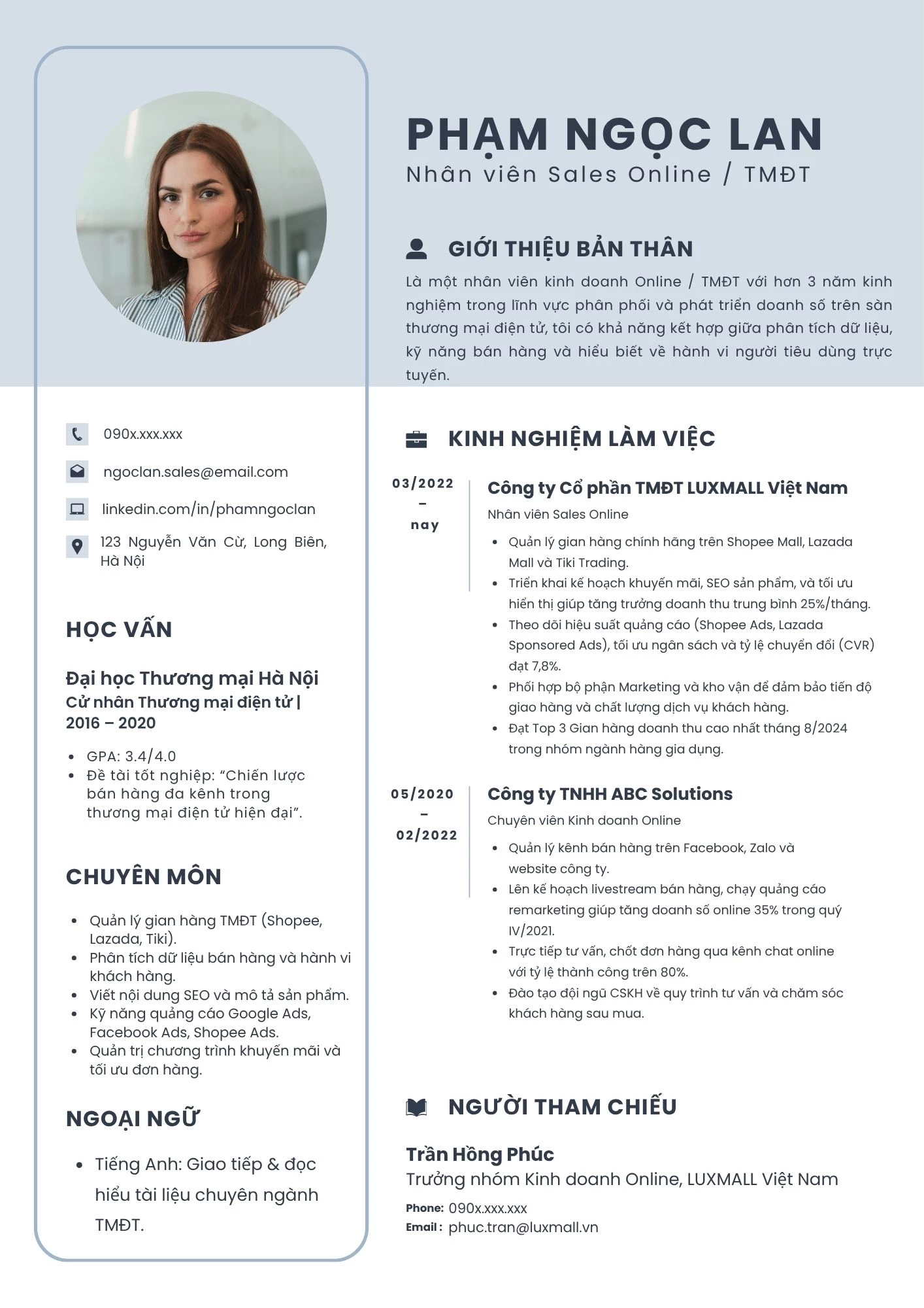Mẫu CV Nhân viên Sales Online / TMĐT