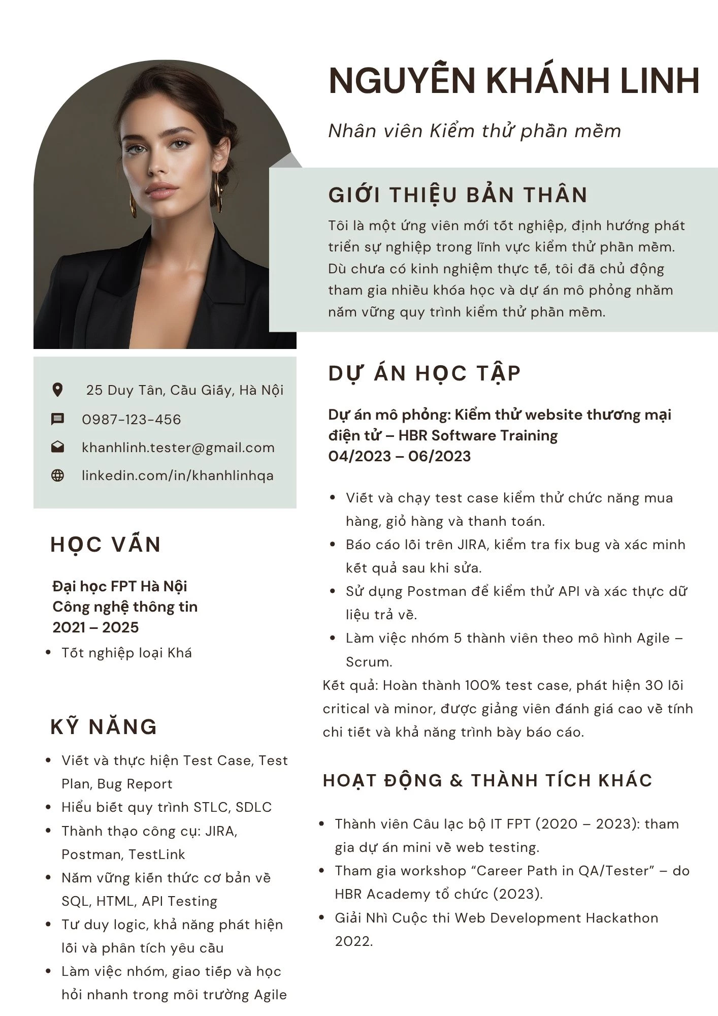Mẫu CV Tester cho ứng viên chưa có kinh nghiệm