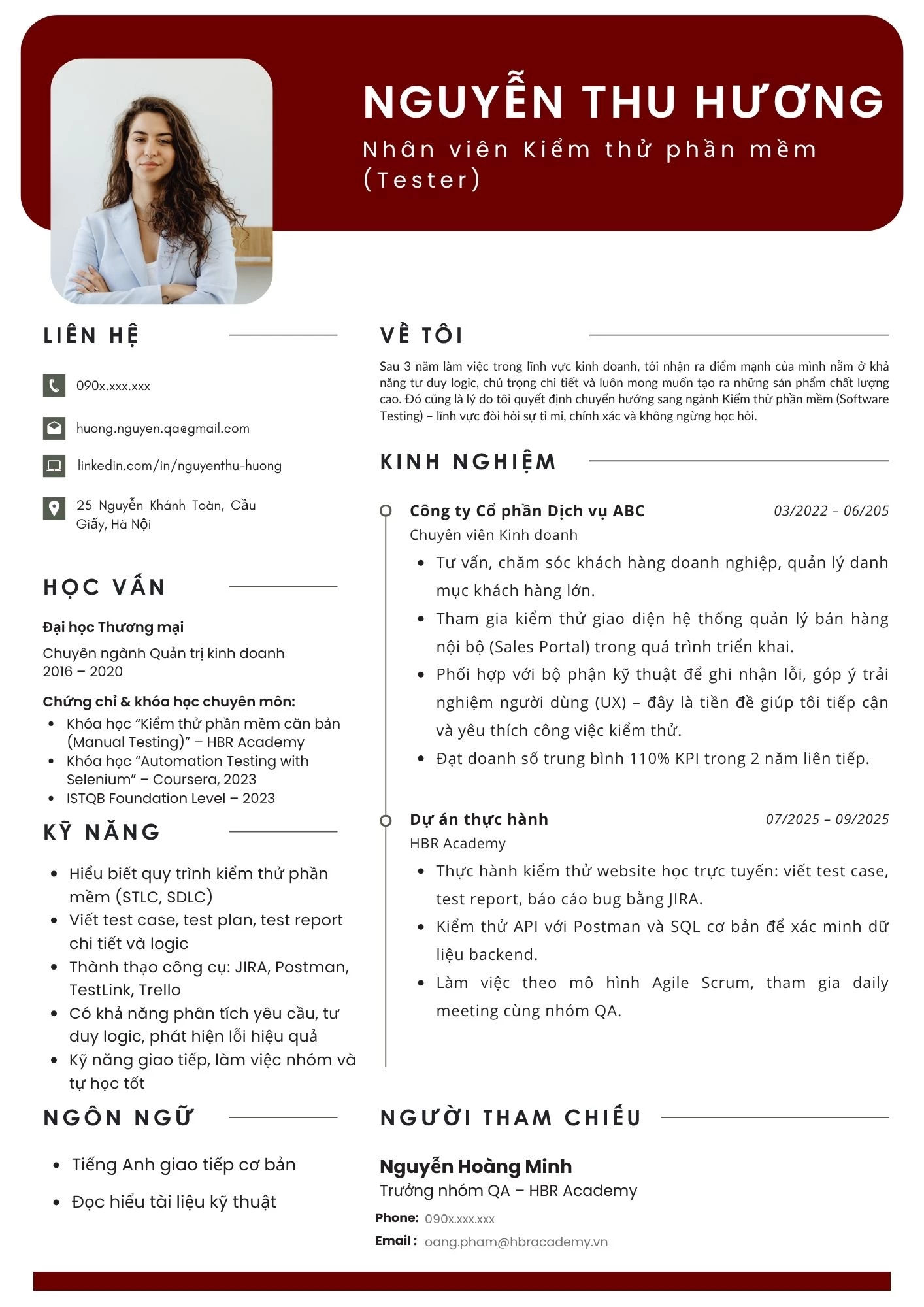 Mẫu CV Tester cho người chuyển ngành sang IT