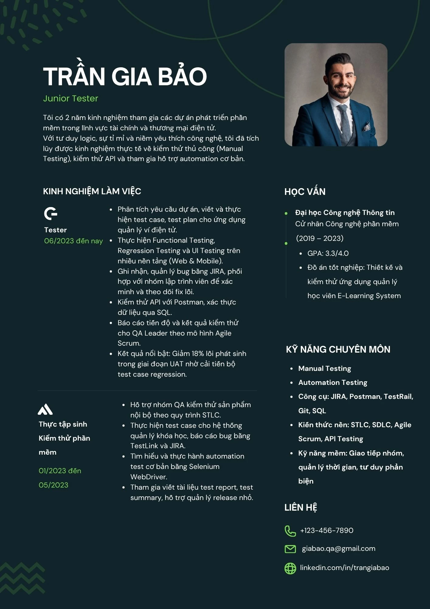 Mẫu CV Tester Junior (dưới 2 năm kinh nghiệm)