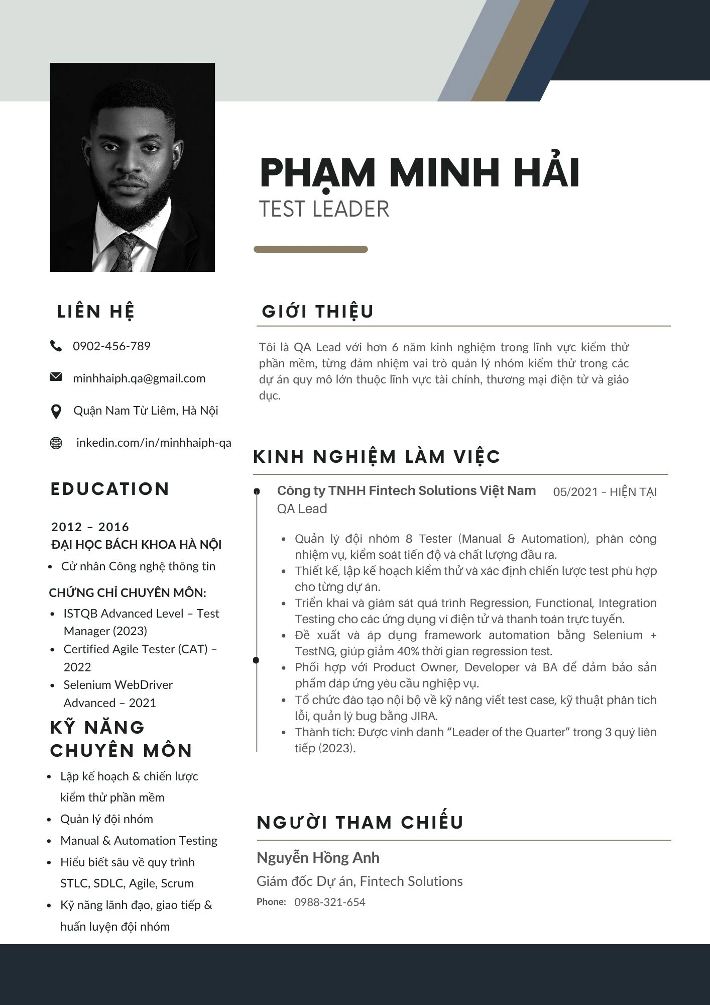 Mẫu CV Trưởng nhóm kiểm thử (Test Leader / QA Lead)