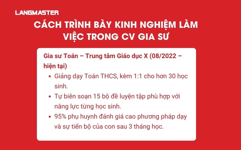 Cách trình bày kinh nghiệm làm việc trong CV gia sư cho người đã có kinh nghiệm