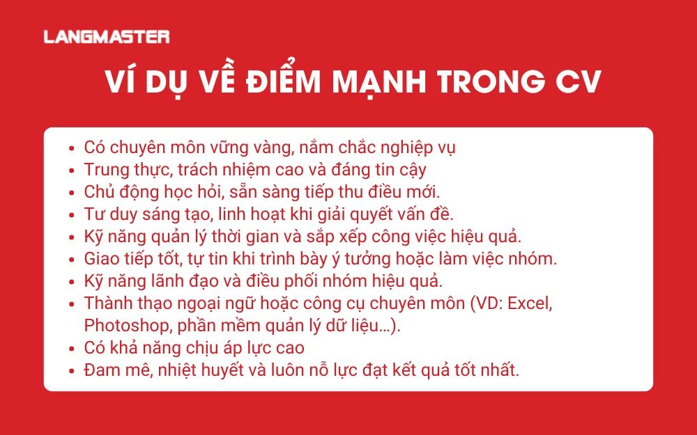 Ví dụ về điểm mạnh có thể ghi trong CV