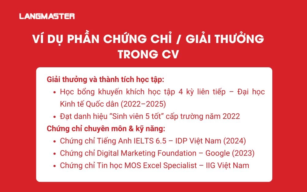 Ví dụ phần Chứng chỉ / Giải thưởng trong CV