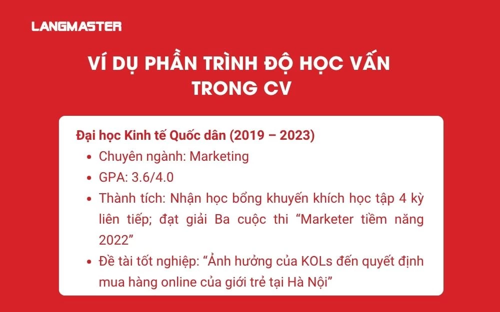 Ví dụ phần Trình độ học vấn trong CV