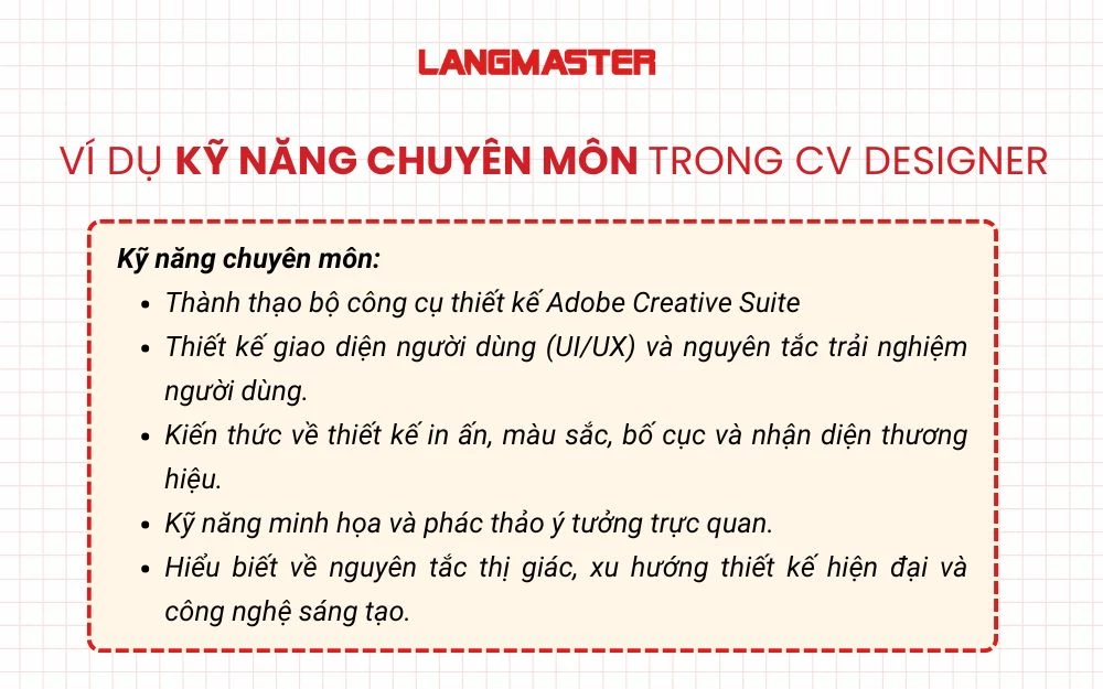 Ví dụ phần Kỹ năng chuyên môn & Kỹ năng mềm trong CV Designer