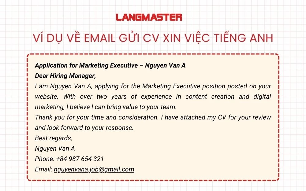 Ví dụ về Email gửi CV xin việc tiếng Anh
