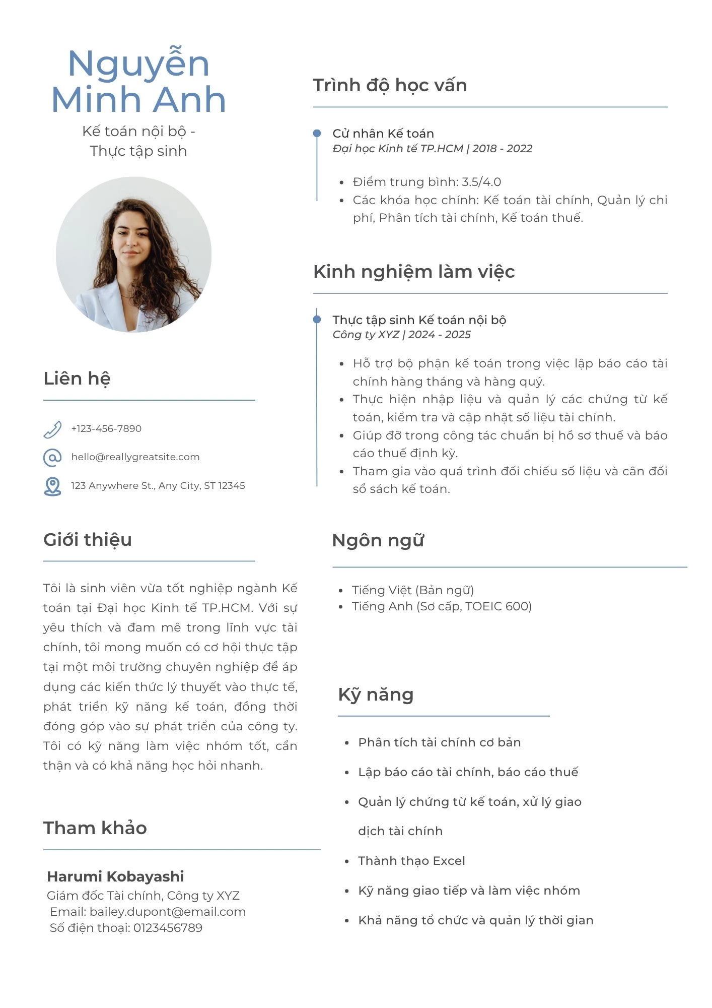 Mẫu CV Kế toán nội bộ dành cho thực tập sinh