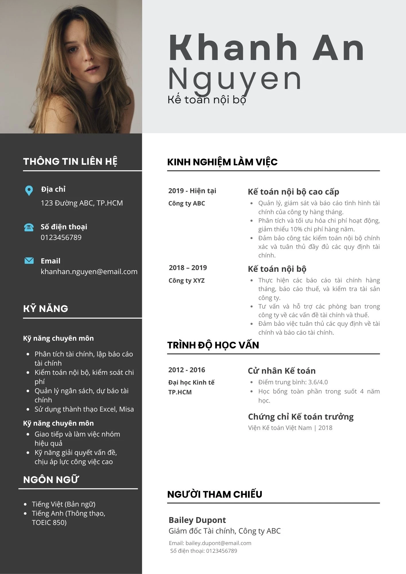 Mẫu CV Kế toán nội bộ tiếng Việt