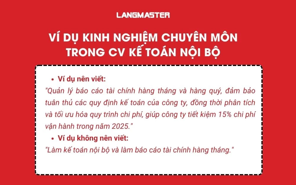 Ví dụ về Kinh nghiệm chuyên môn trong CV kế toán nội bộ
