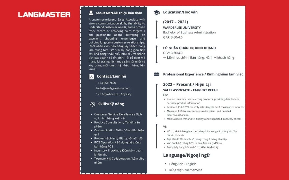 Phần thân - Nội dung chính của CV song ngữ