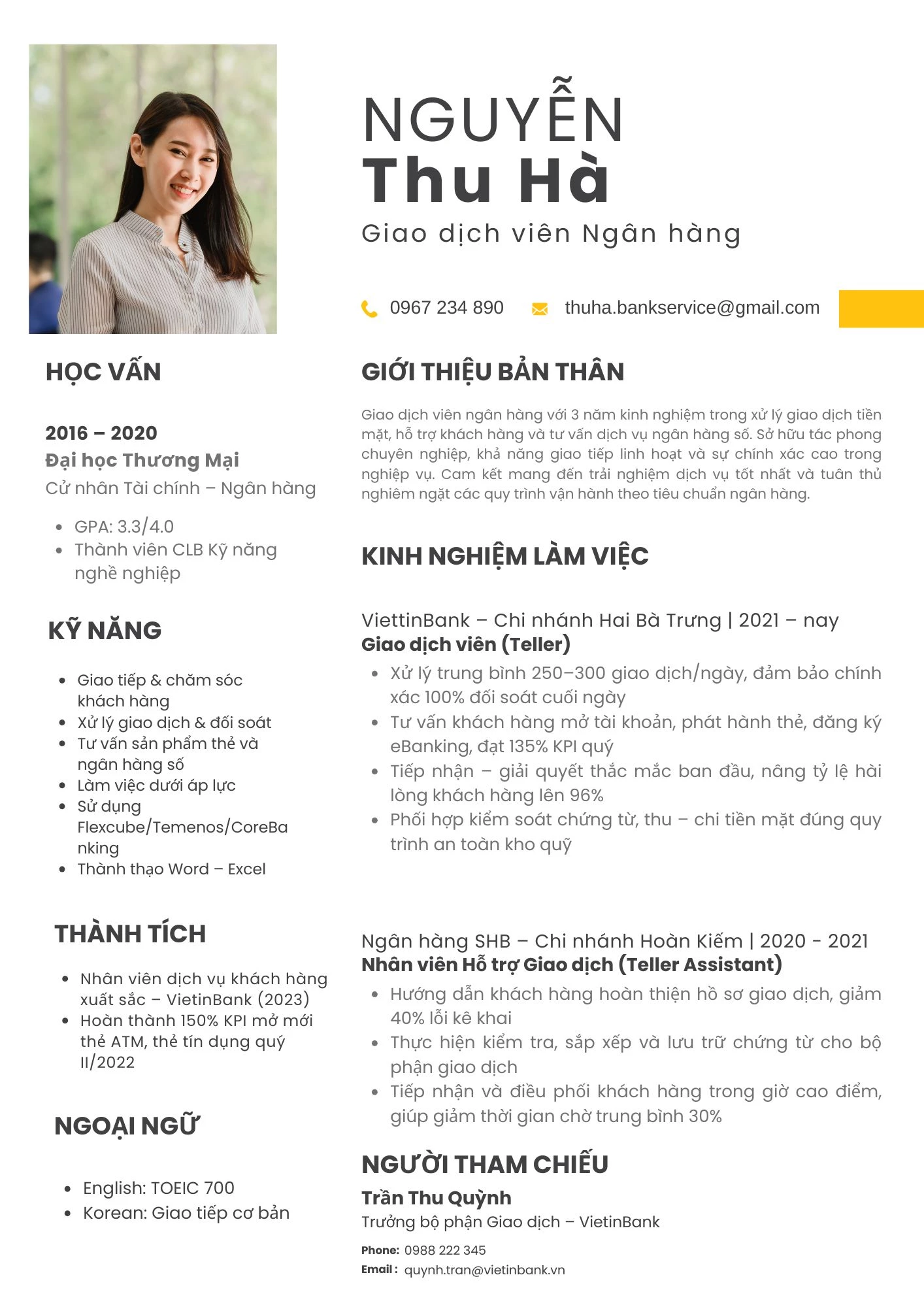 Mẫu CV giao dịch viên ngân hàng