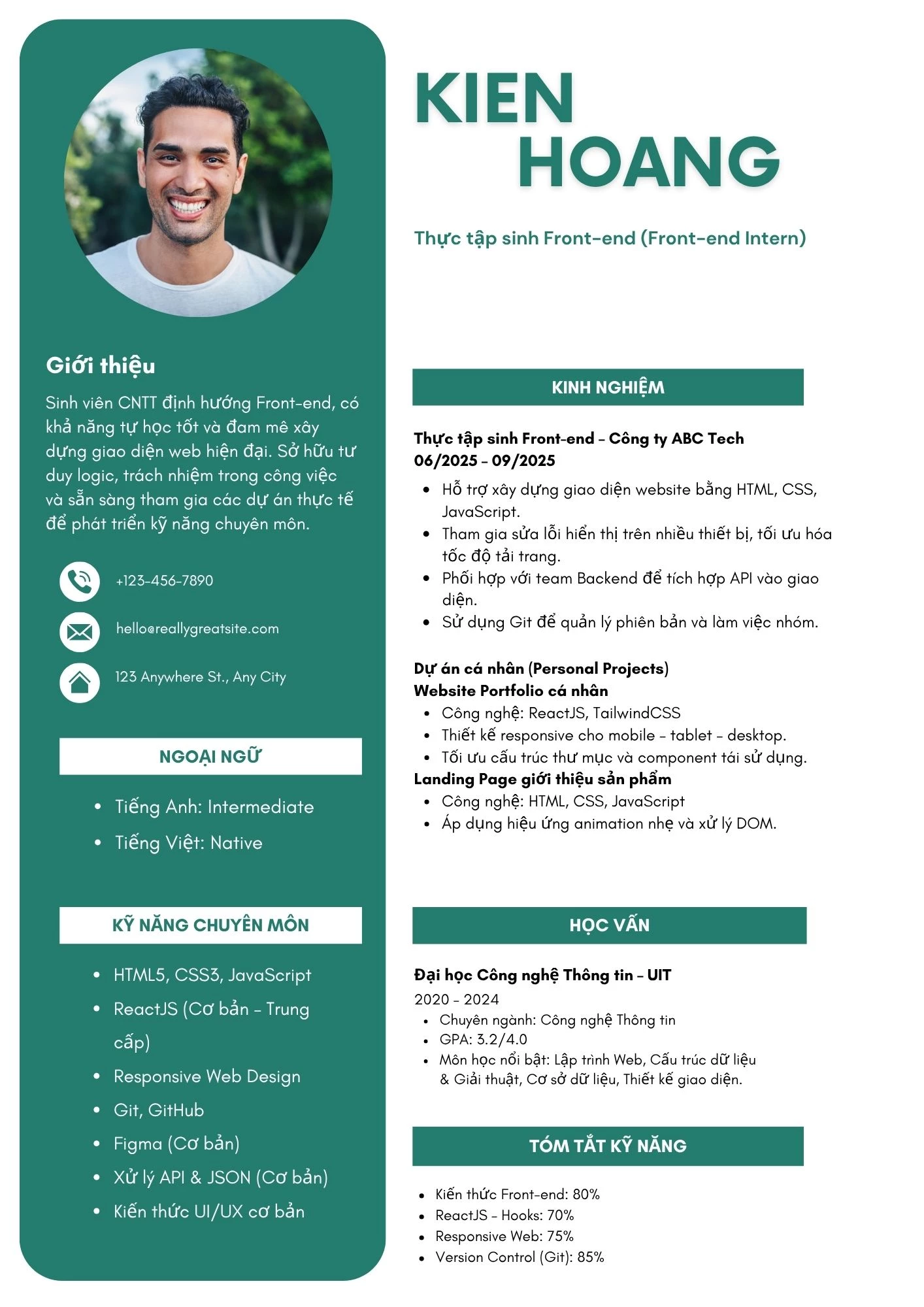 Mẫu CV Intern IT mảng  Front end
