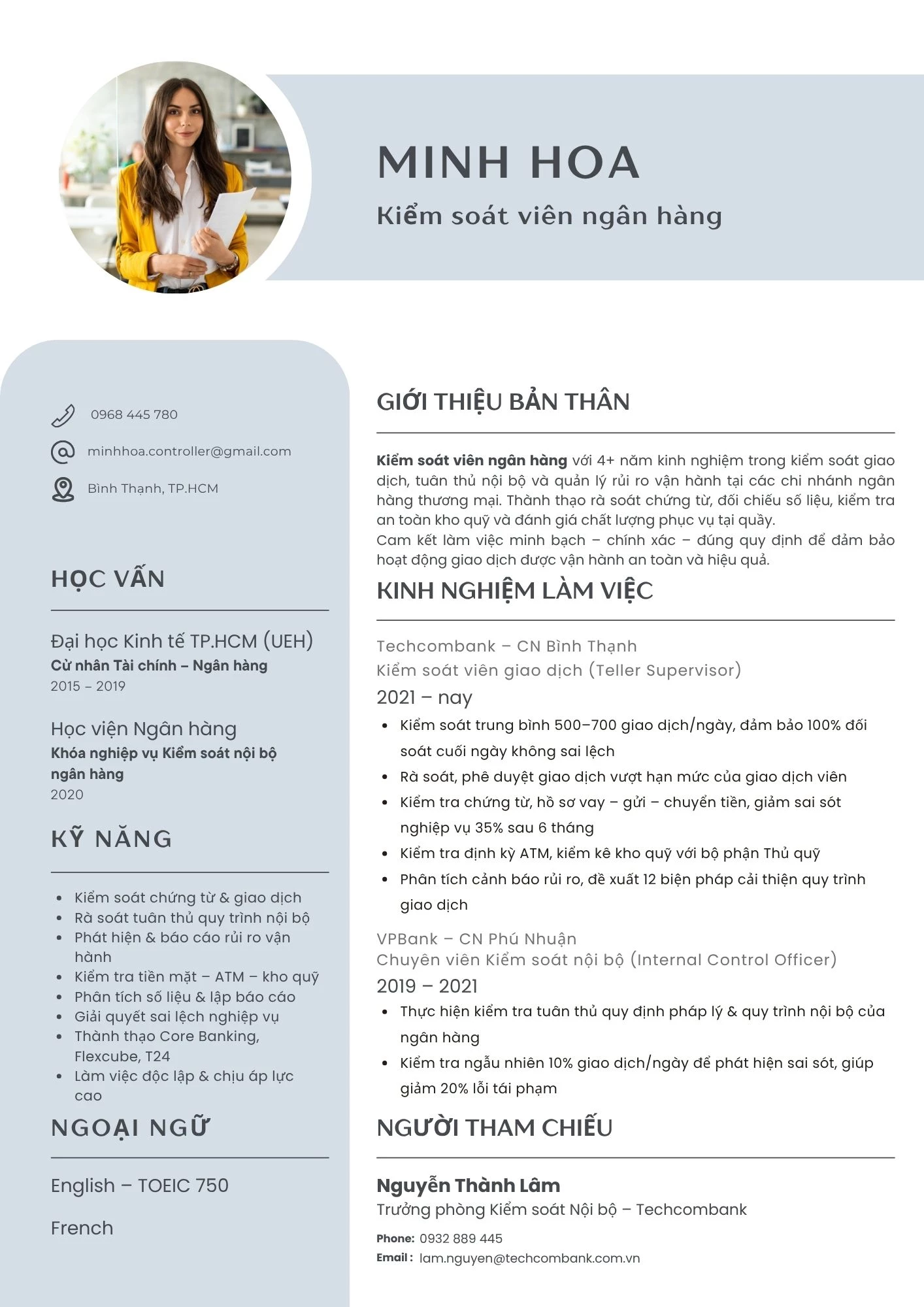 Mẫu CV kiểm soát viên ngân hàng