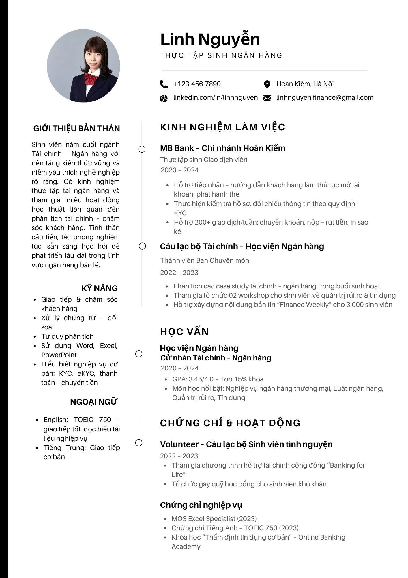 Mẫu CV ngân hàng cho sinh viên và thực tập sinh