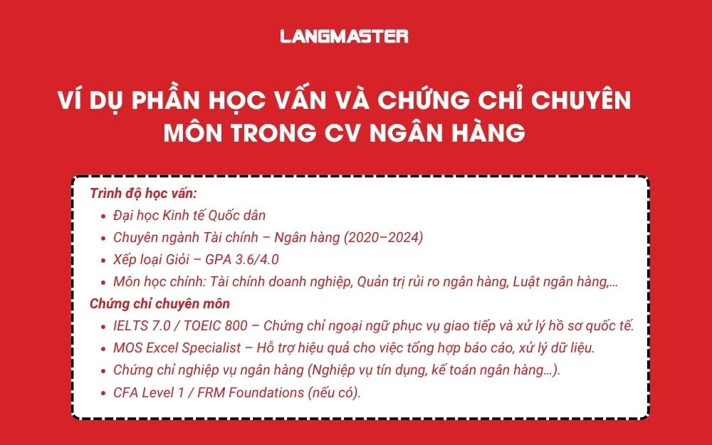Ví dụ trình bày học vấn và chứng chỉ chuyên môn trong CV ngân hàng: