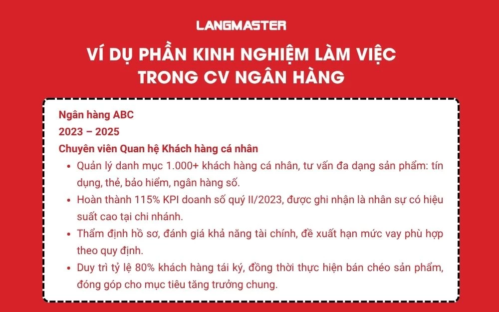 Ví dụ phần Kinh nghiệm làm việc trong CV Ngân hàng