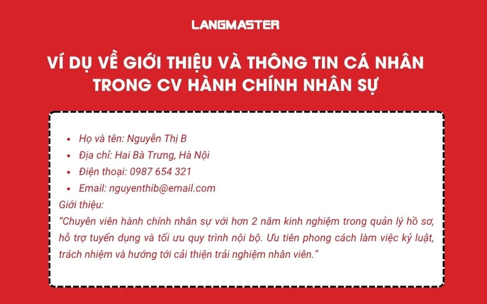 Ví dụ về phần giới thiệu và thông tin cá nhân trong CV hành chính nhân sự