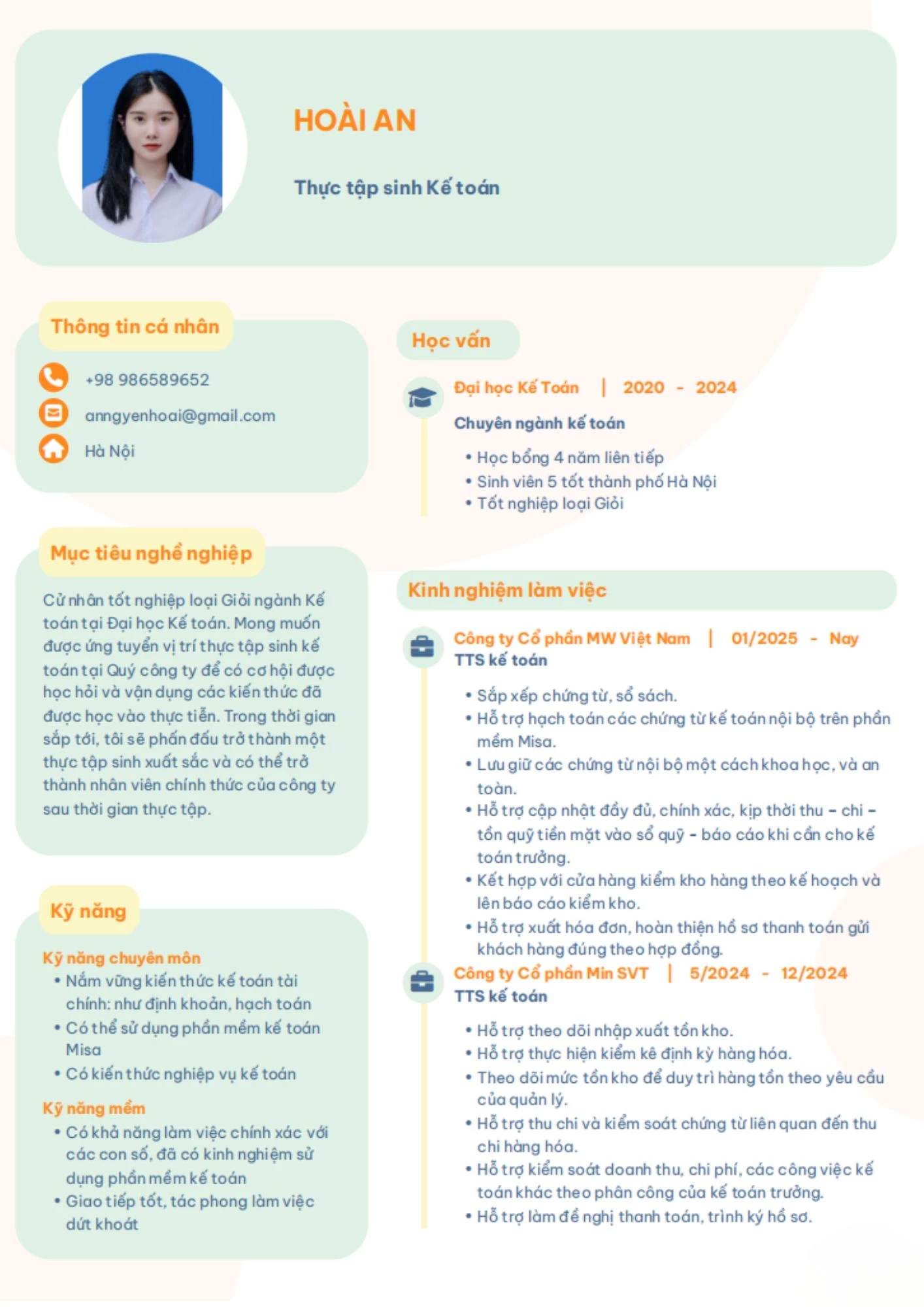 Mẫu CV thực tập sinh Kế Toán bằng tiếng Việt