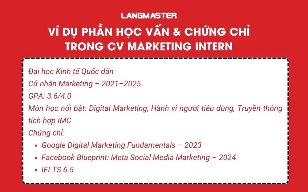 Ví dụ trình bày học vấn và chứng chỉ trong CV Marketing Intern