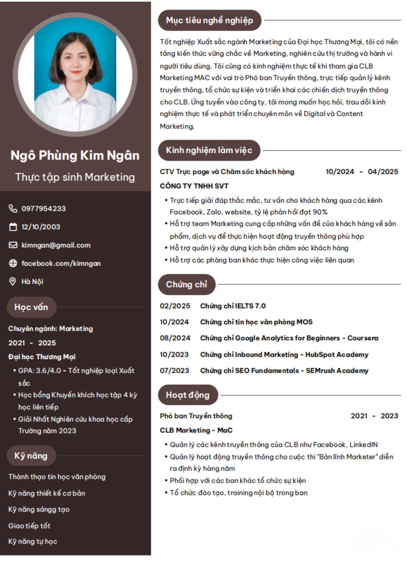 Mẫu CV Marketing Intern tiếng Việt