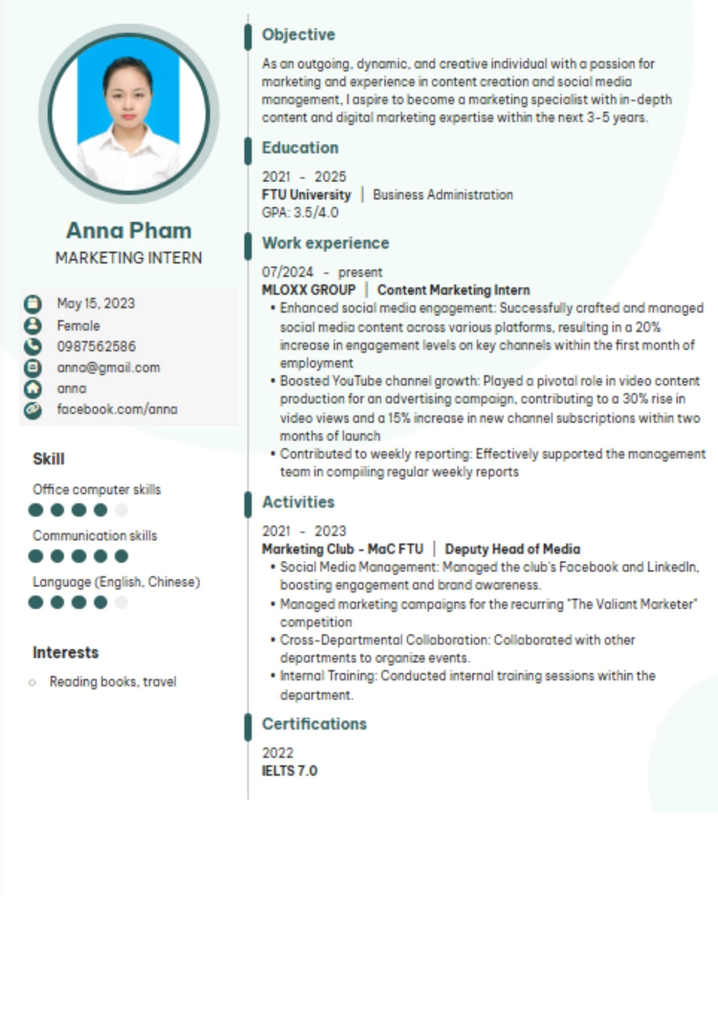 Mẫu CV Marketing Intern tiếng Anh