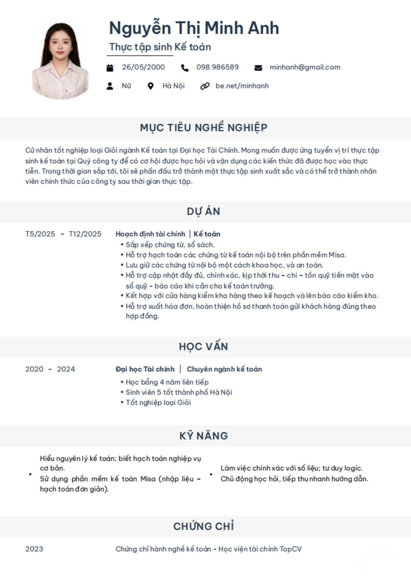 Mẫu CV thực tập sinh kế toán chưa có kinh nghiệm