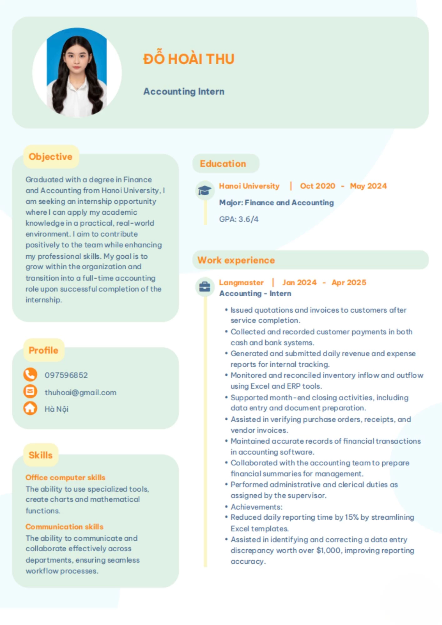 Mẫu CV thực tập Kế toán bằng tiếng Anh