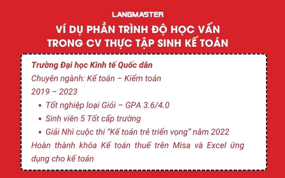 Ví dụ phần Trình độ học vấn trong cv thực tập sinh Kế toán