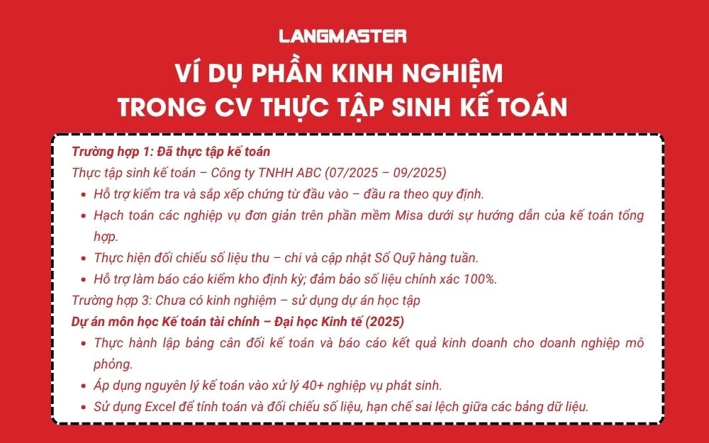 Ví dụ phần Kinh nghiệm trong cv thực tập sinh Kế toán
