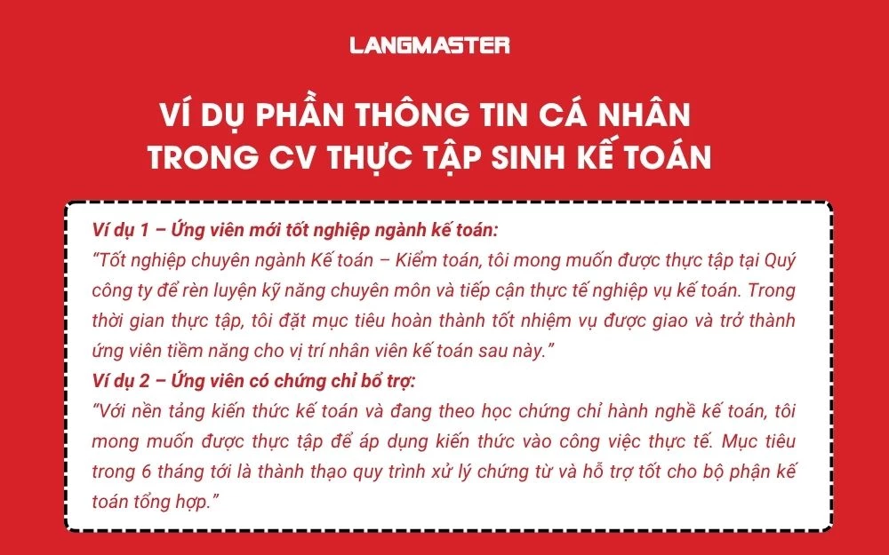 Ví dụ phần mục tiêu nghề nghiệp trong cv thực tập sinh Kế toán
