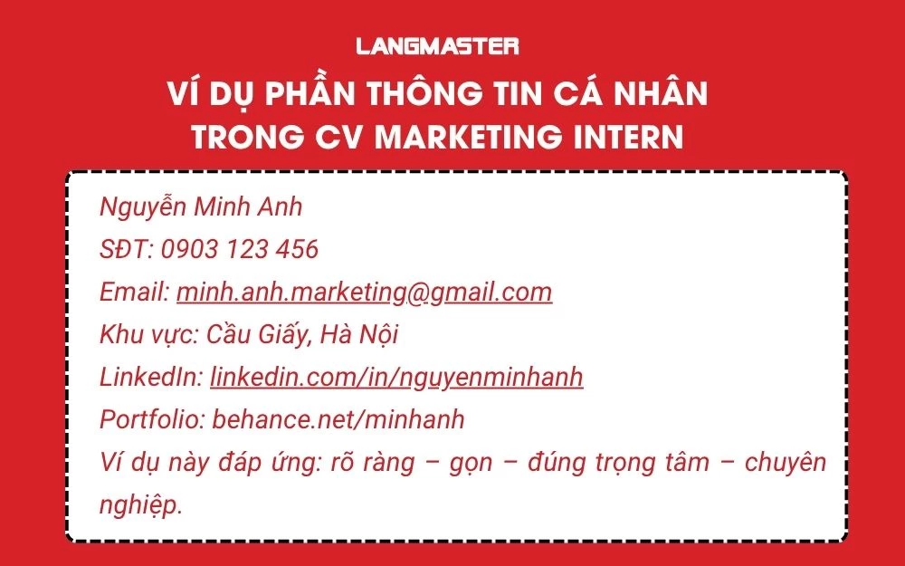 Ví dụ trình bày thông tin cá nhân chuẩn Marketing Intern