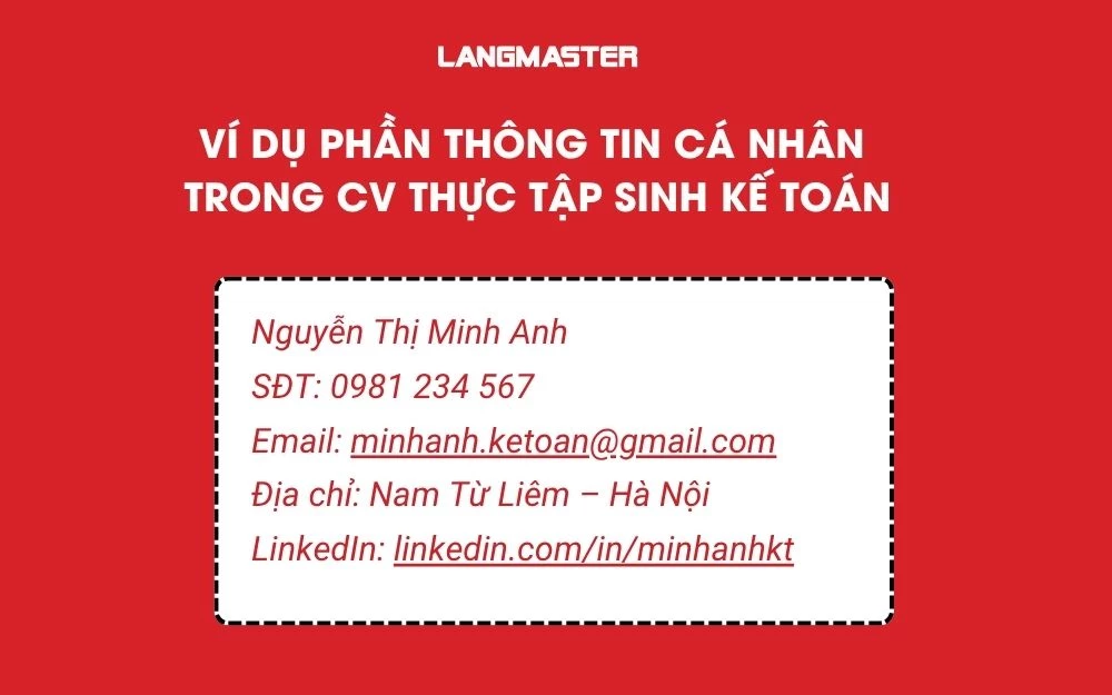 Ví dụ phần thông tin cá nhân trong cv thực tập sinh Kế toán