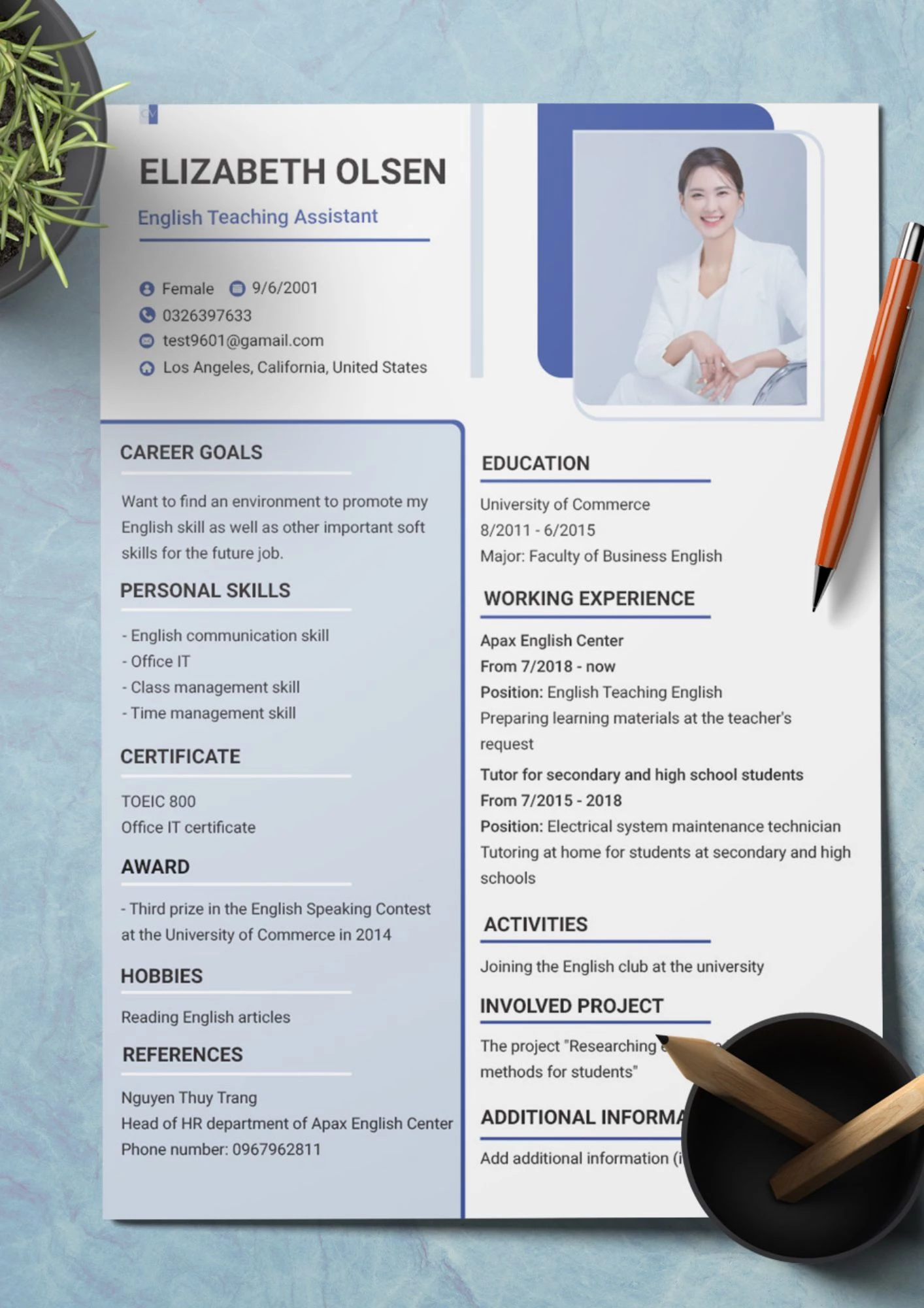 Mẫu CV trợ giảng tiếng Anh bằng tiếng Anh