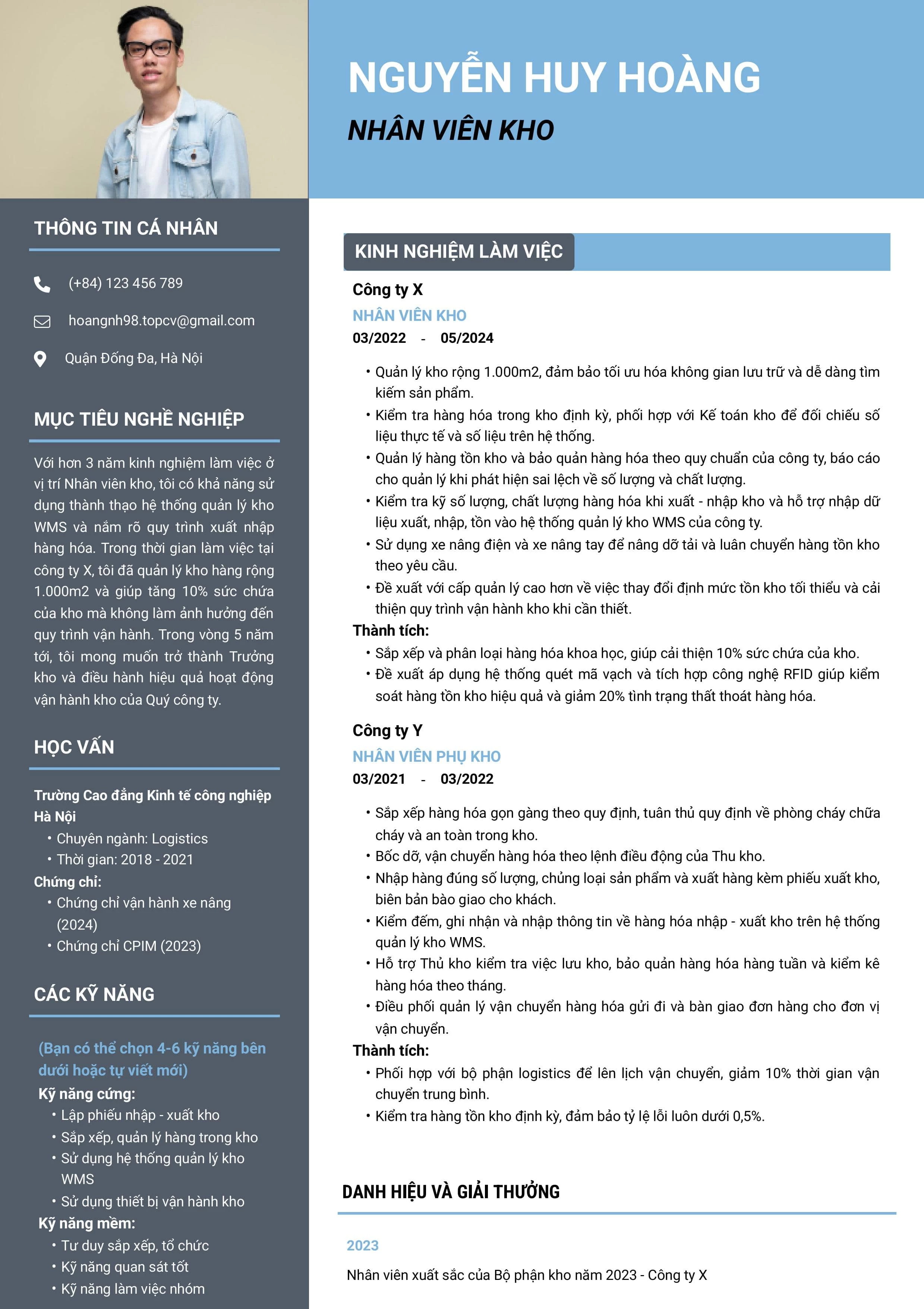Mẫu CV nhân viên kho kiêm thủ kho