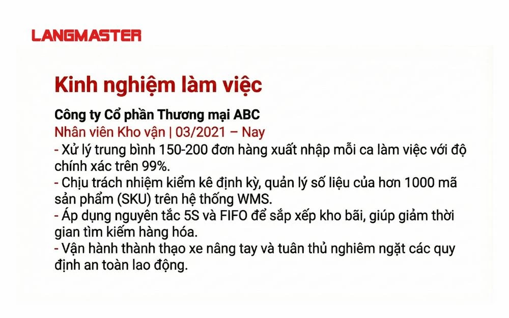 Mẫu Kinh nghiệm làm việc nhân viên kho