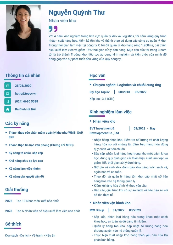 Mẫu CV nhân viên kho chưa có nhiều kinh nghiệm