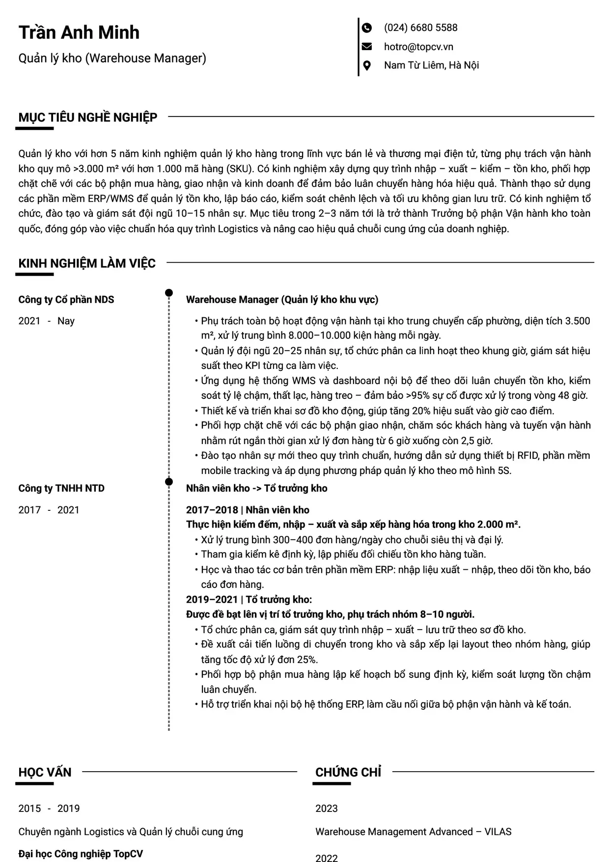 Mẫu CV Quản lý kho