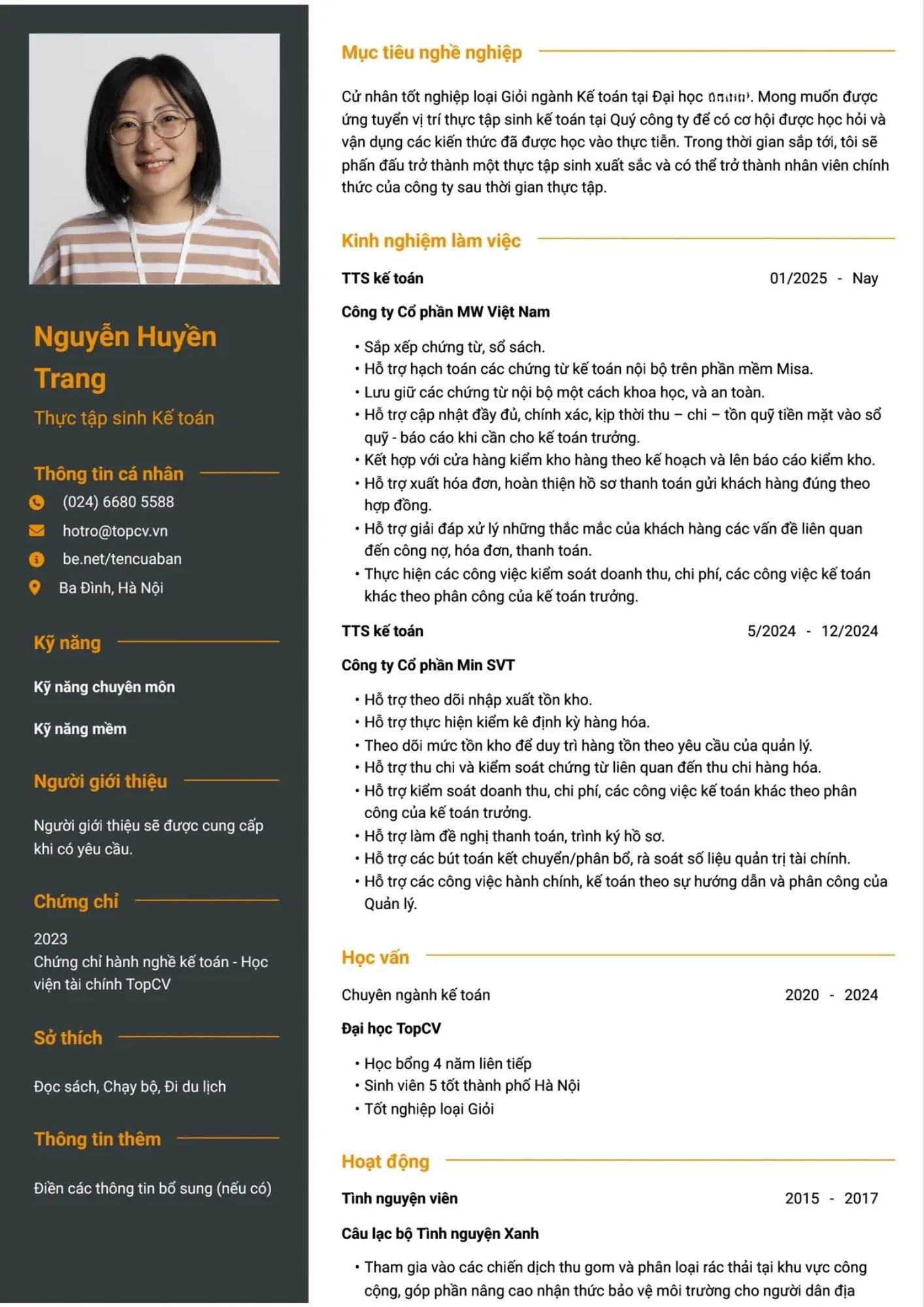 Mẫu CV thực tập sinh kế toán