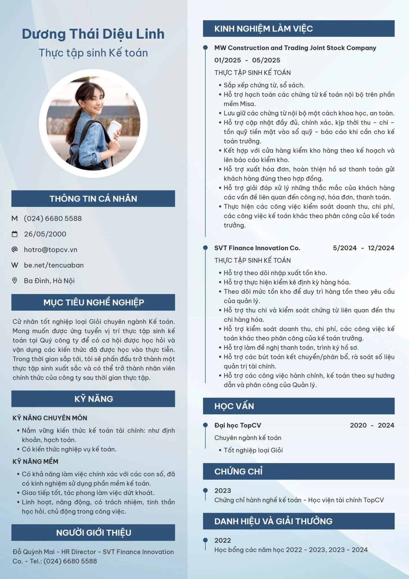 Mẫu CV thực tập sinh kế toán