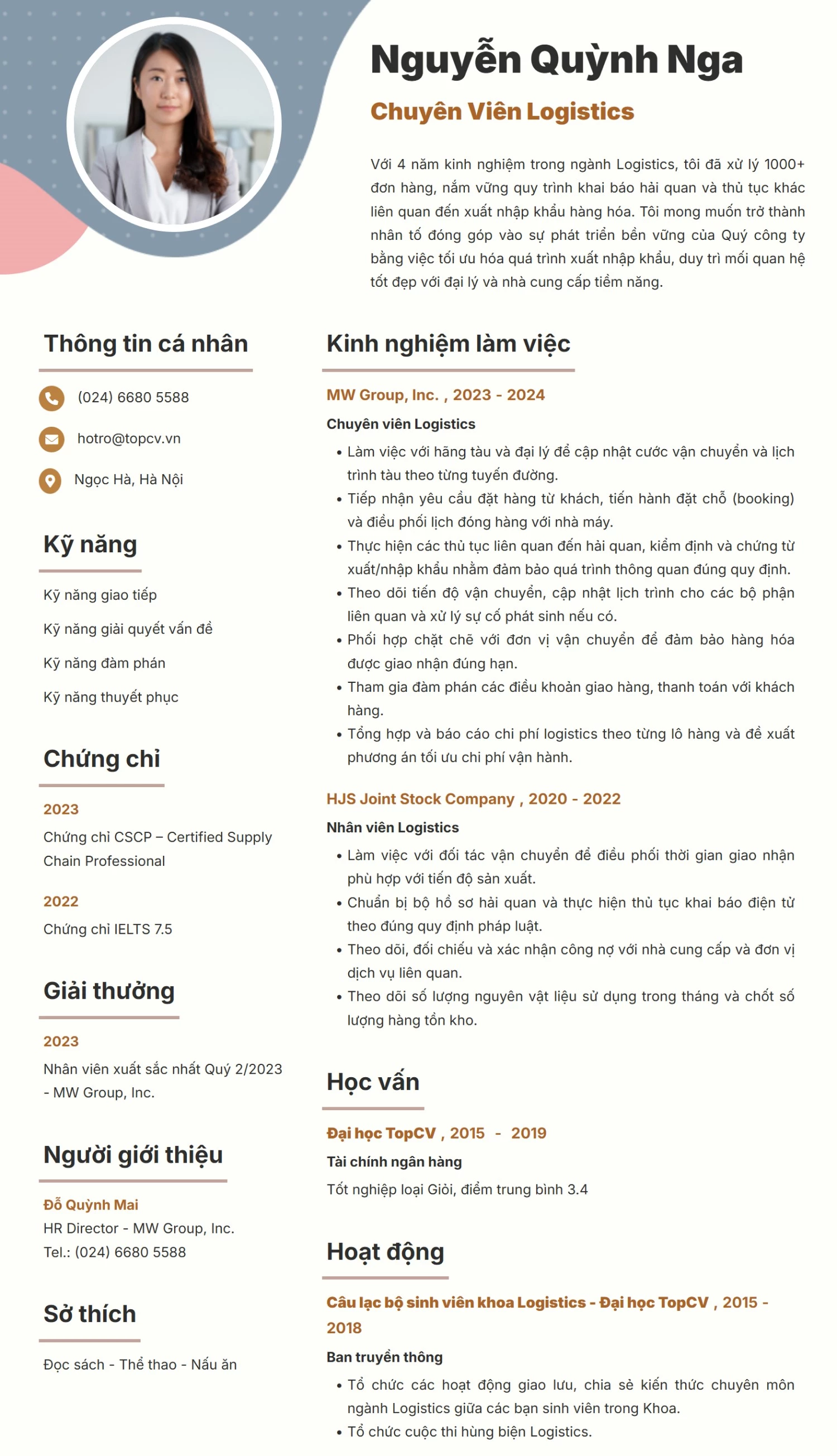 Mẫu CV thực tập sinh Logistic