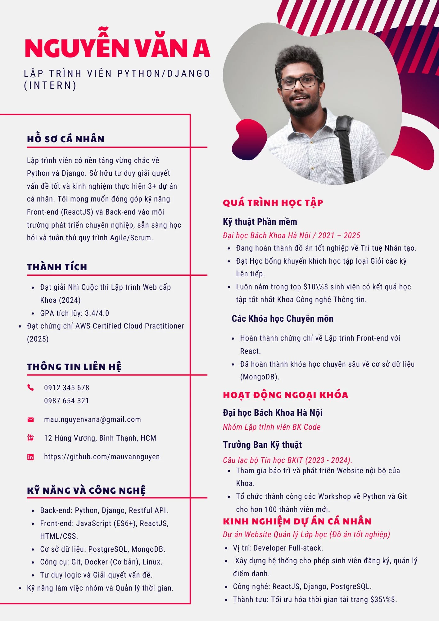 Mẫu CV lập trình viên cho Fresher Intern